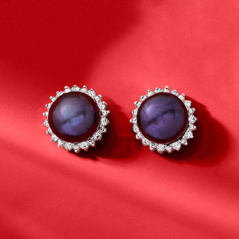 7-7.5mm Cultured Button Pearl and .13 ct. t.w. Diamond Stud Earrings in Sterling Silver image number 4