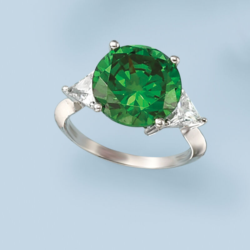 6.25 Carat Simulated Emerald and 1.50 ct. t.w. CZ Ring in Sterling Silver image number 3
