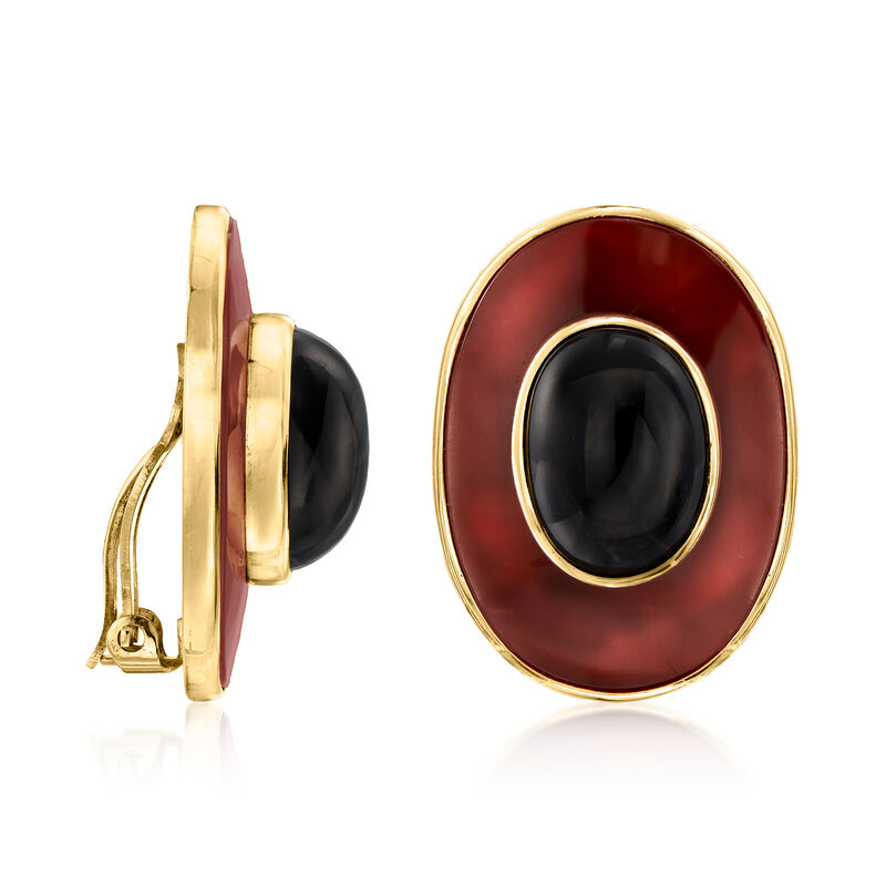 C. 1950 Vintage Onyx and Carnelian Clip-On Earrings in 14kt Yellow Gold image number 2