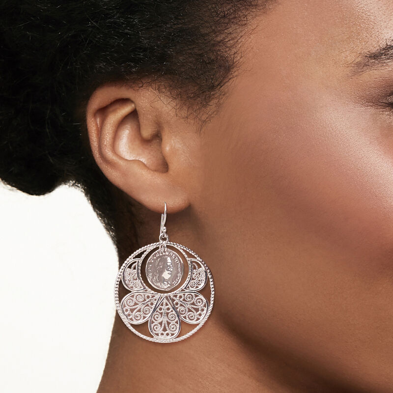 Sterling Silver Replica Roman Coin Filigree Drop Earrings image number 1