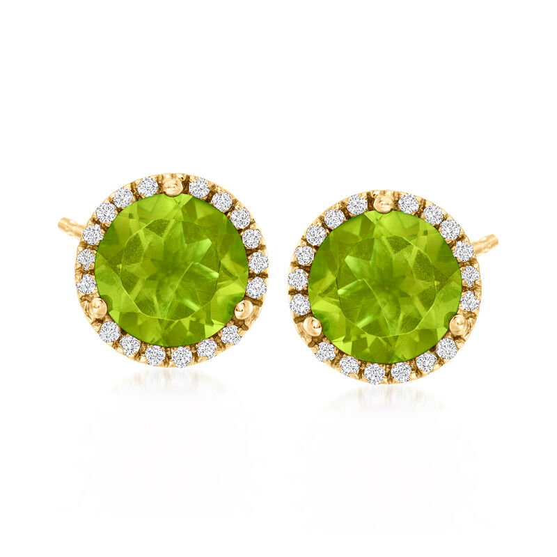 4.30 ct. t.w. Peridot and .21 ct. t.w. Diamond Halo Earrings in 14kt Yellow Gold image number 0