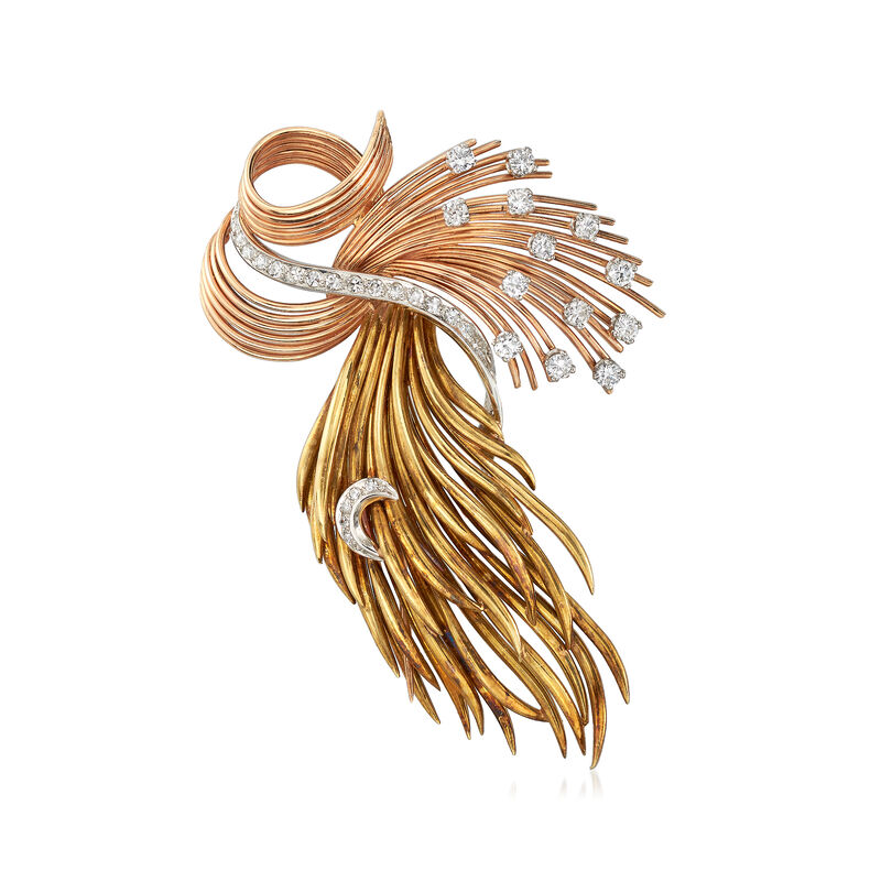 C. 1950 Vintage 1.45 ct. t.w. Diamond Ribbon Wisp Pin with Moon in 14kt Tri-Colored Gold image number 0