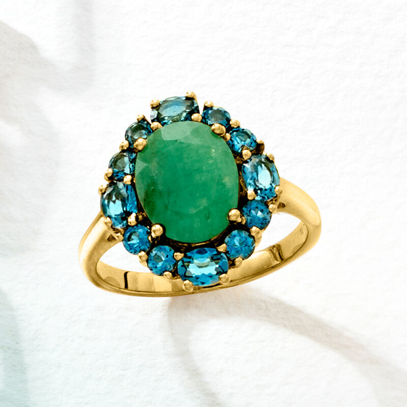 2.80 Carat Emerald and 1.40 ct. t.w. London Blue Topaz Ring in 18kt Gold Over Sterling image number 3