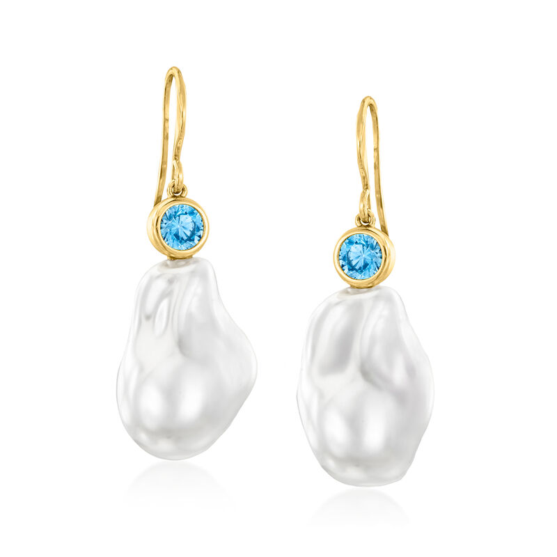 14kt Yellow Gold-Plated Drop Earrings with Simulated Blue Gemstones and Pearls  image number 0