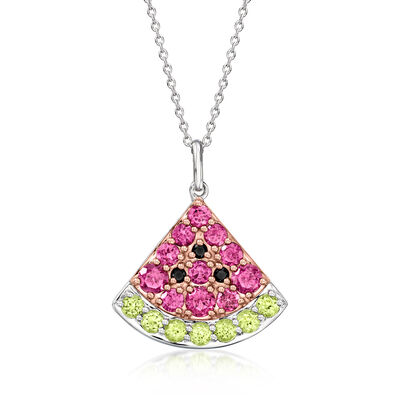 3.10 ct. t.w. Multi-Gemstone Watermelon Pendant Necklace in Sterling Silver and 18kt Rose Gold Over Sterling