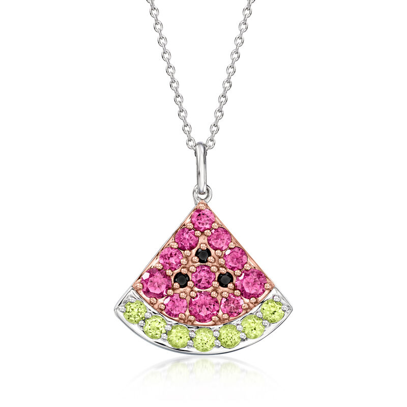3.10 ct. t.w. Multi-Gemstone Watermelon Pendant Necklace in Sterling Silver and 18kt Rose Gold Over Sterling. 18&quot; image number 1