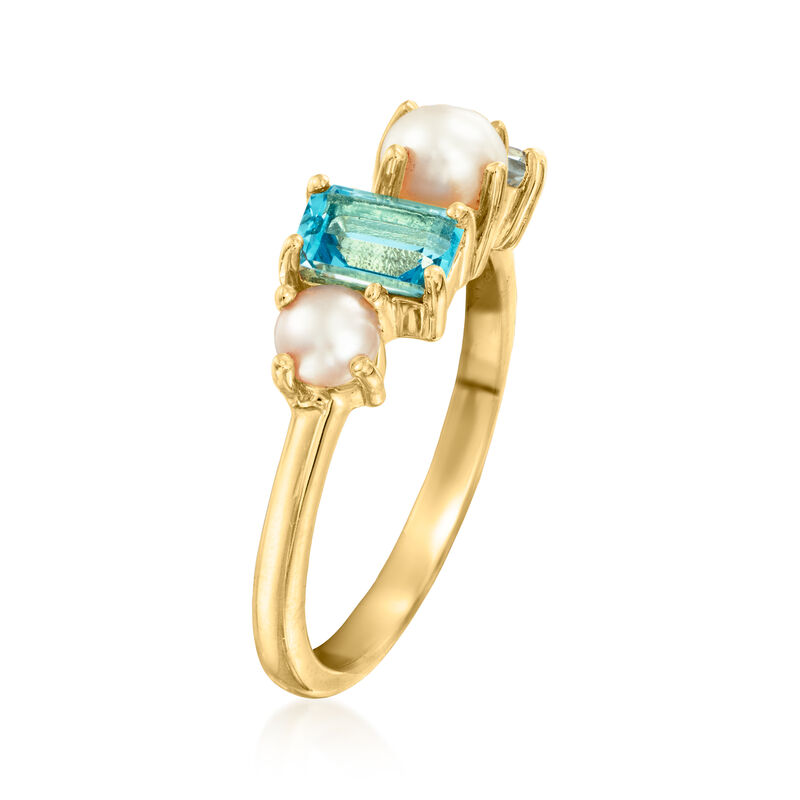 4-5mm Cultured Pearl and .90 ct. t.w. Swiss and Sky Blue Topaz Ring in 18kt Gold Over Sterling image number 2