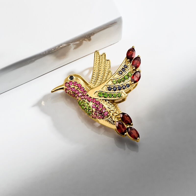 2.32 ct. t.w. Multi-Gemstone Hummingbird Pin/Pendant Necklace in 18kt Gold Over Sterling. 18&quot; image number 4