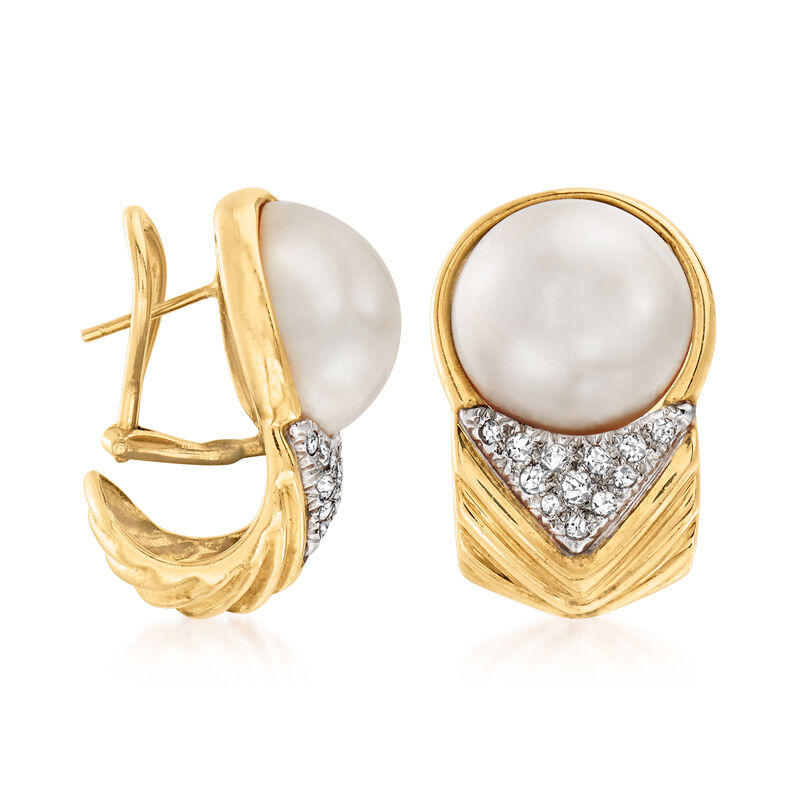 C. 1980 Vintage 15mm Cultured Mabe Pearl and .50 ct. t.w. Diamond Earrings in 14kt Two-Tone Gold image number 2