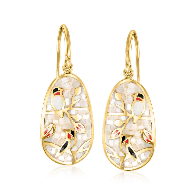Mother-of-Pearl and Multicolored Enamel Bird Drop Earrings in 18kt Gold Over Sterling image number 0