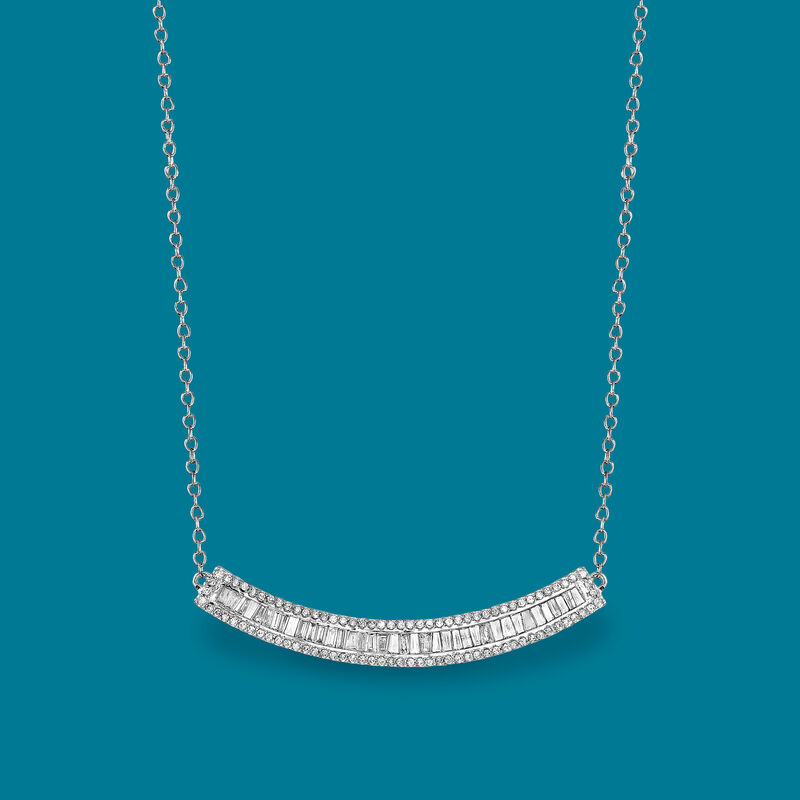 .50 ct. t.w. Baguette and Round Diamond Curved Bar Necklace in 14kt White Gold image number 3