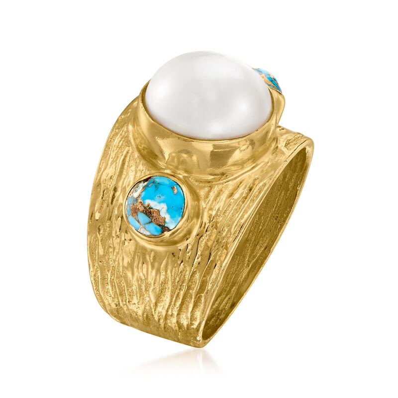 9.5-10.5mm Cultured Pearl Ring with Turquoise in 18kt Gold Over Sterling image number 2