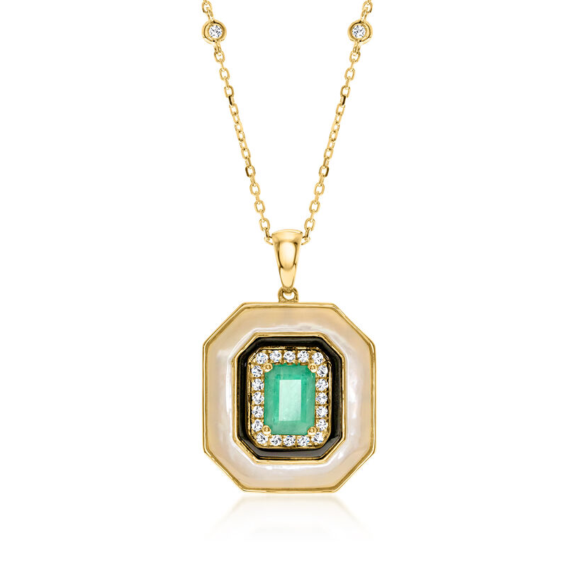1.00 Carat Emerald and .15 ct. t.w. Diamond Pendant Necklace with Onyx and Mother-of-Pearl in 14kt Yellow Gold. 16&quot; image number 0