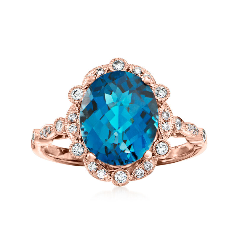 C. 2000 Vintage 5.10 Carat London Blue Topaz Ring with .35 ct. t.w. Diamonds in 14kt Rose Gold image number 0