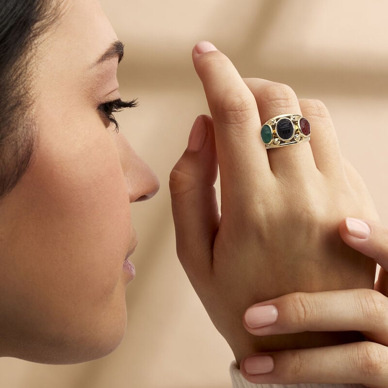 C. 1980 Vintage Multi-Gemstone Scarab Ring in 14kt Yellow Gold. Size 6.75 image number 1