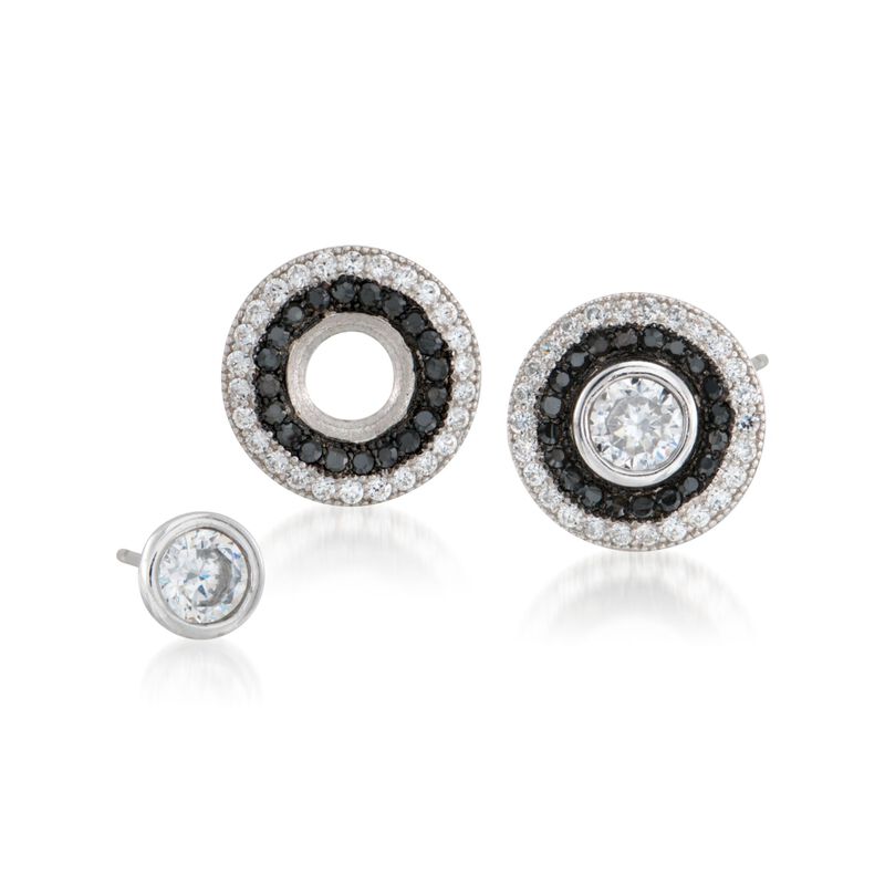 1.60 ct. t.w. Black and White CZ Jewelry Set: Stud Earrings and Earring Jackets in Sterling Silver image number 2