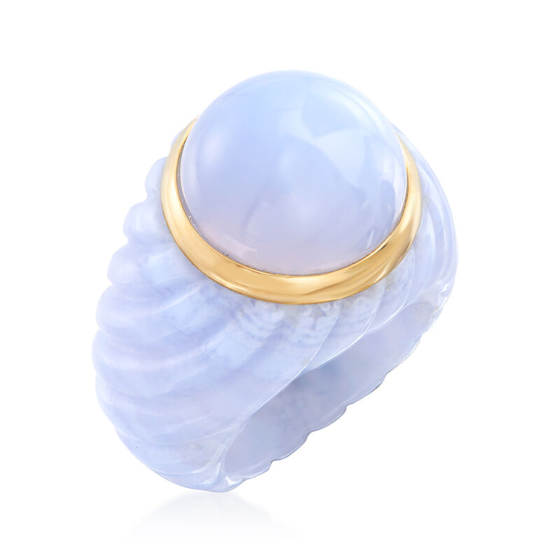 14mm Blue Chalcedony Ring in Carved Blue Agate and 14kt Yellow Gold image number 3
