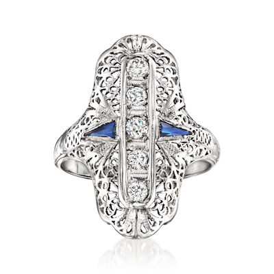 C. 1950 Vintage .15 ct. t.w. Diamond and .10 ct. t.w. Synthetic Sapphire Filigree Ring in 18kt White Gold