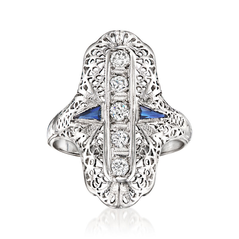 C. 1950 Vintage .15 ct. t.w. Diamond and .10 ct. t.w. Synthetic Sapphire Filigree Ring in 18kt White Gold. Size 5.75 image number 0