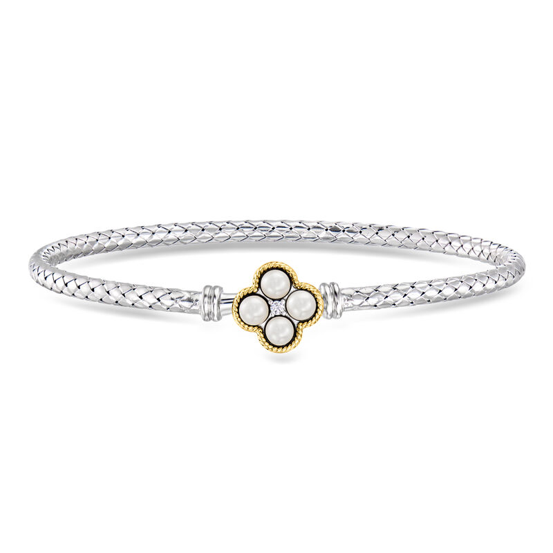 Charles Garnier "Trefle" 3.5-4mm Cultured Pearl Bangle Bracelet with Single CZ in Sterling Silver and 18kt Gold Over Sterling. 7.5" image number 0