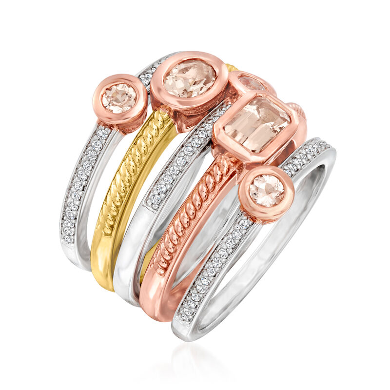 1.10 ct. t.w. Morganite and .20 ct. t.w. Diamond Jewelry Set: Set of Five Rings in Sterling Silver and 18kt Gold Over Silver image number 2