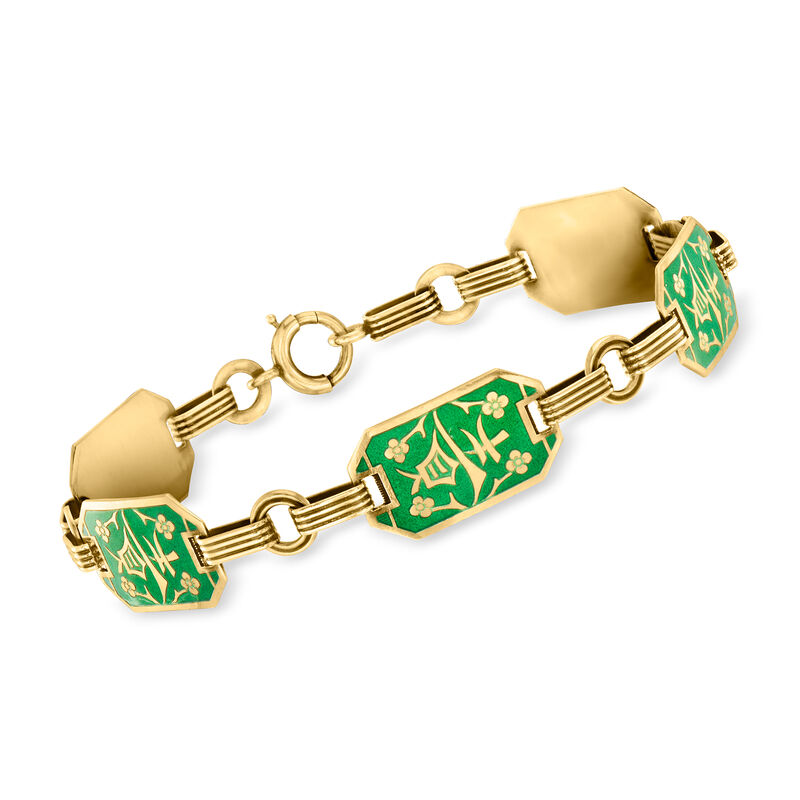 C. 1940 Vintage Green Enamel Link Bracelet in 14kt Yellow Gold. 7&quot; image number 0