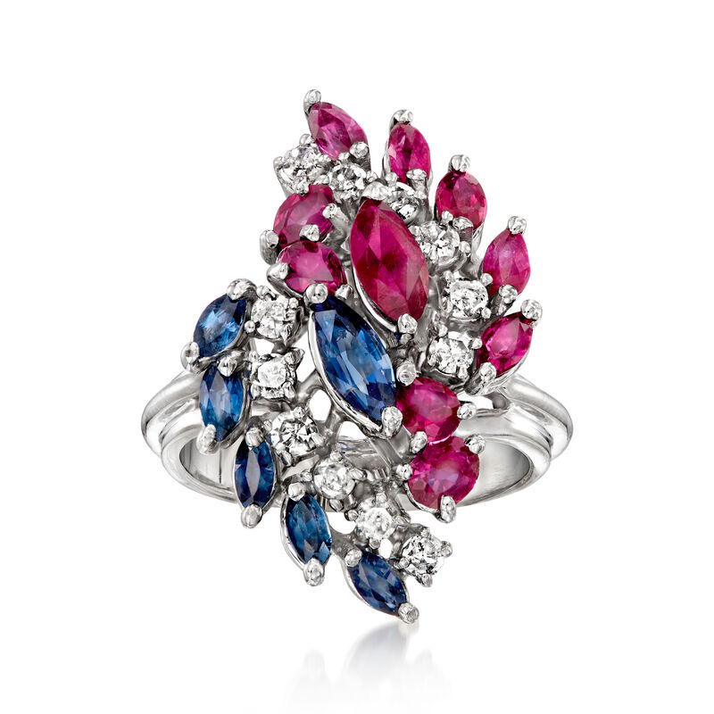 C. 1970 Vintage .90 ct. t.w. Ruby and .65 ct. t.w. Sapphire Swirl Ring with .36 ct. t.w. Diamonds in 14kt White Gold. Size 5.5 image number 0