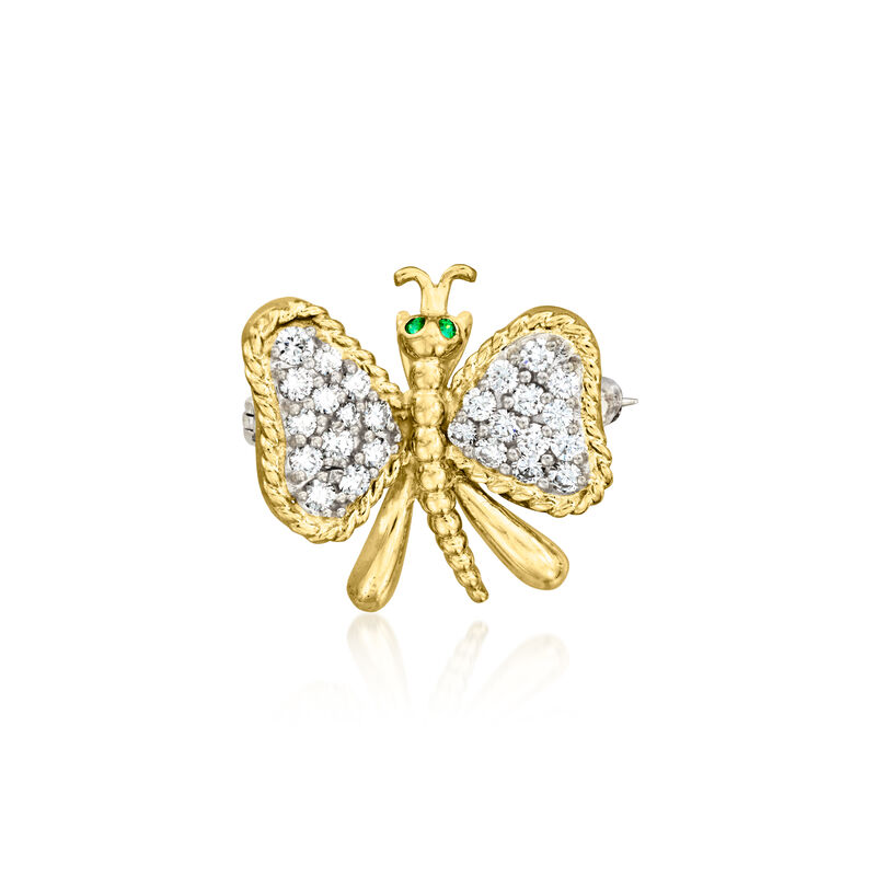 C. 1990 Vintage .95 ct. t.w. Diamond Butterfly Pin/Pendant with Emeralds in 18kt Yellow Gold  image number 0
