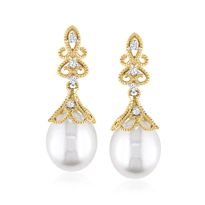 9-9.5mm Cultured Pearl Drop Earrings with Diamonds in 14kt Yellow Gold  image number 0