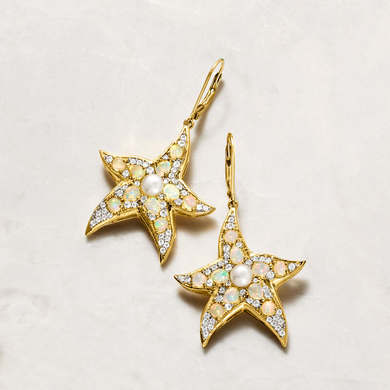 Opal and 5-5.5mm Cultured Pearl Starfish Drop Earrings with 1.20 ct. t.w. White Topaz in 18kt Gold Over Sterling  image number 2