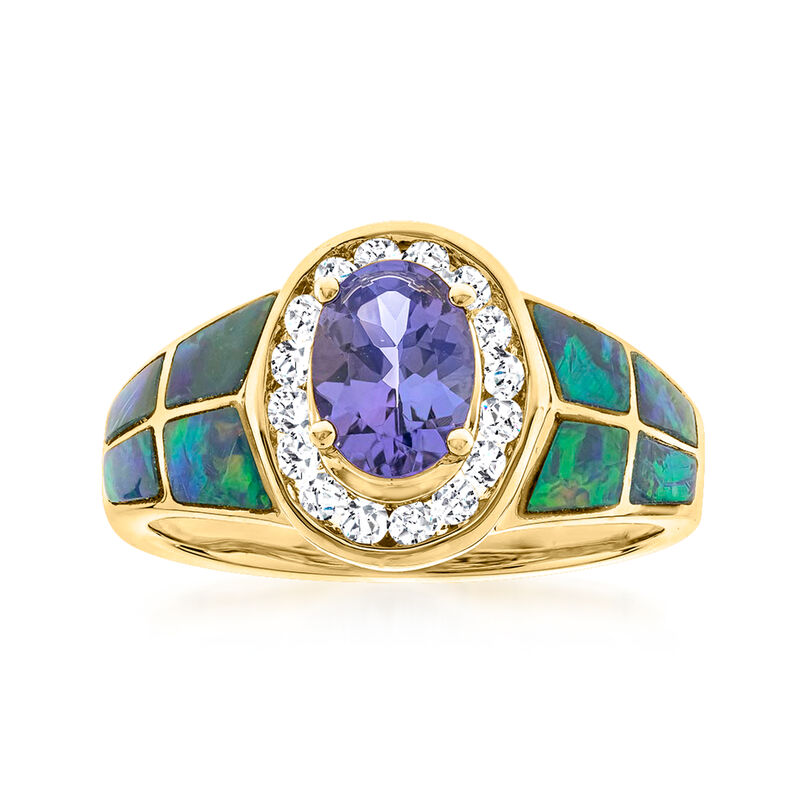 90 Carat Tanzanite, Black Opal and Diamond Halo Ring