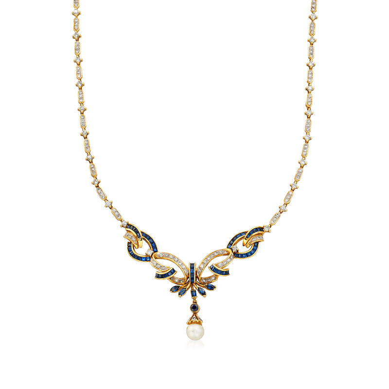 C. 1980 Vintage Cultured Pearl, 4.40 ct. t.w. Diamond and 3.90 ct. t.w. Sapphire Necklace in 18kt Yellow Gold. 17.5&quot; image number 1