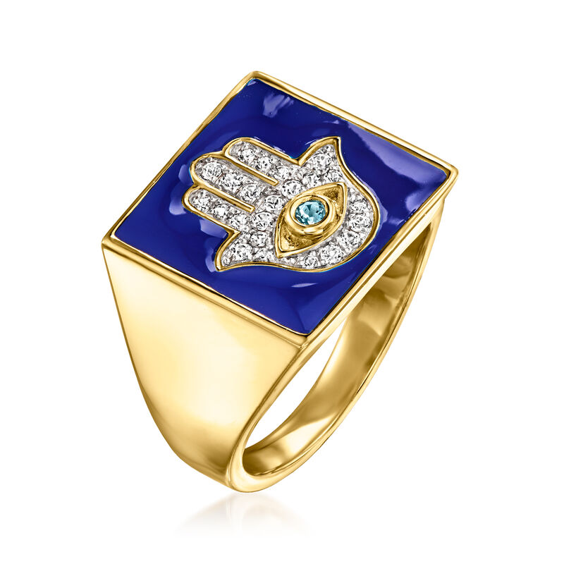 .64 ct. t.w. White and London Blue Topaz Hamsa Ring with Blue Enamel in 18kt Gold Over Sterling image number 2