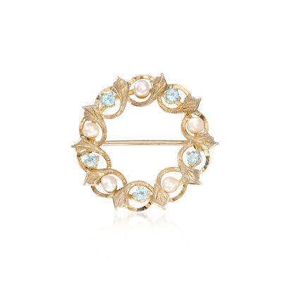C. 1950 Vintage 2.5mm Cultured Pearl and .20 ct. t.w. Aquamarine Circle Pin in 14kt Yellow Gold