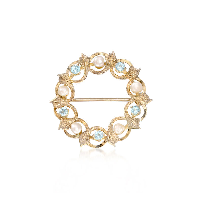 C. 1950 Vintage 2.5mm Cultured Pearl and .20 ct. t.w. Aquamarine Circle Pin in 14kt Yellow Gold  image number 0