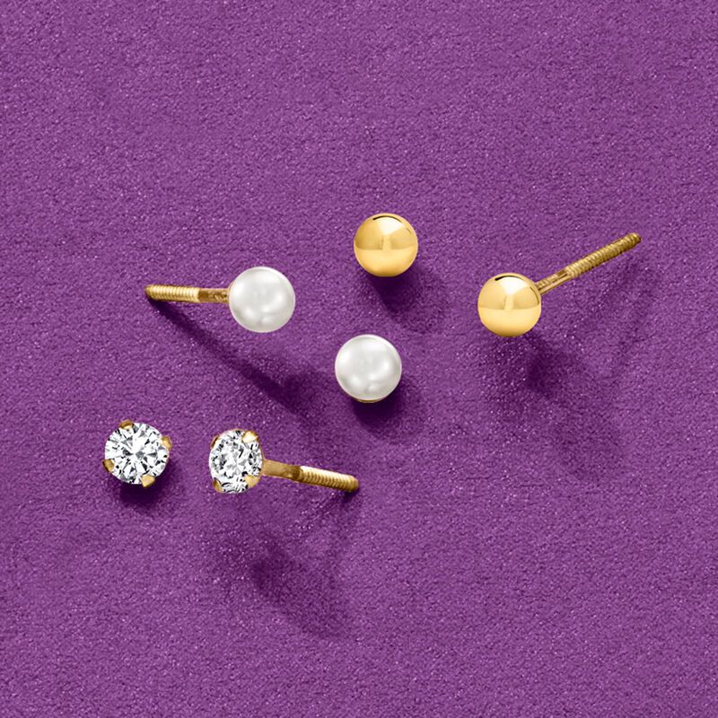 Child's Jewelry Set: .20 ct. t.w. CZ, Cultured Pearl and 14kt Yellow Gold Stud Earrings image number 2