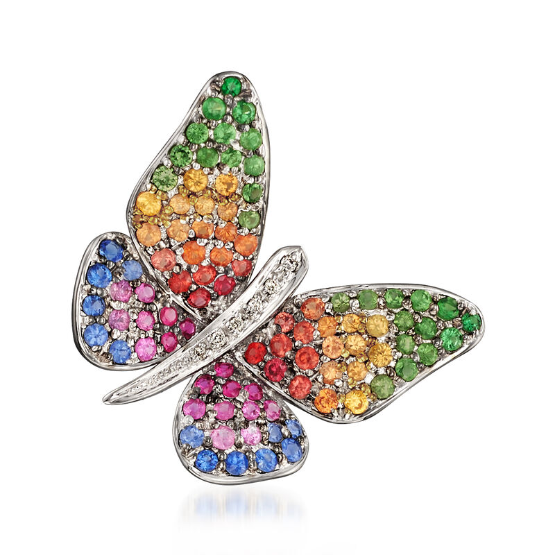.90 ct. t.w. Multicolored Sapphire and .30 ct. t.w. Tsavorite Butterfly Pendant in 18kt White Gold image number 0