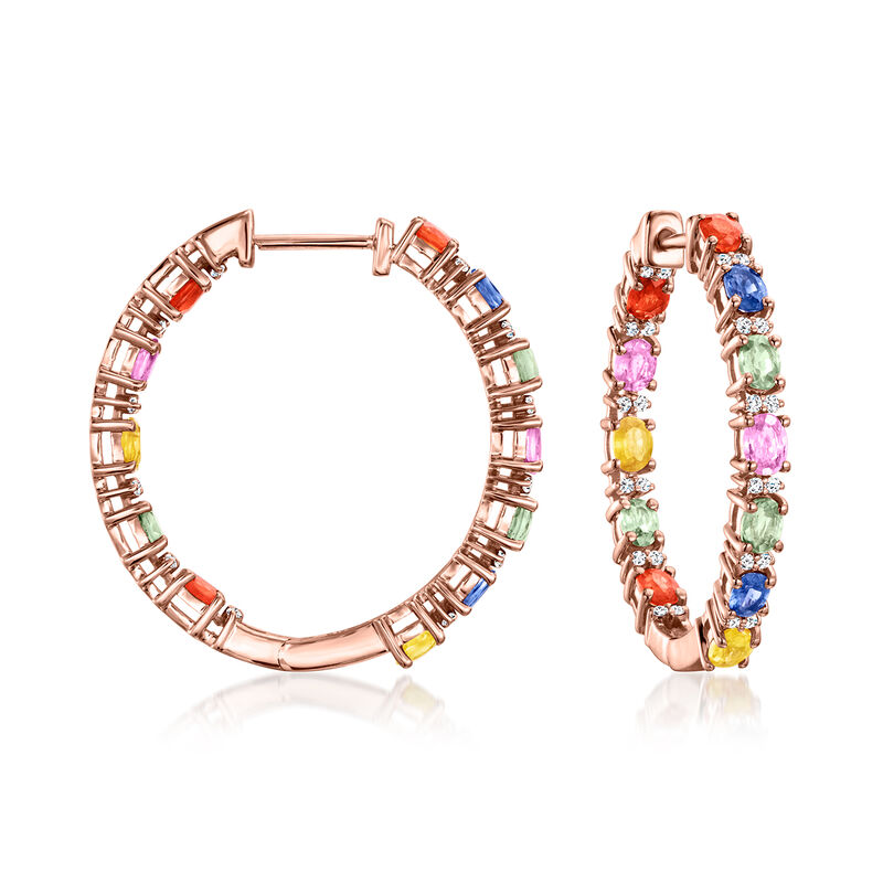 4.50 ct. t.w. Multicolored Sapphire Inside-Outside Hoop Earrings with .40 ct. t.w. White Zircon in 18kt Rose Gold Over Sterling. 1 1/8&quot; image number 0