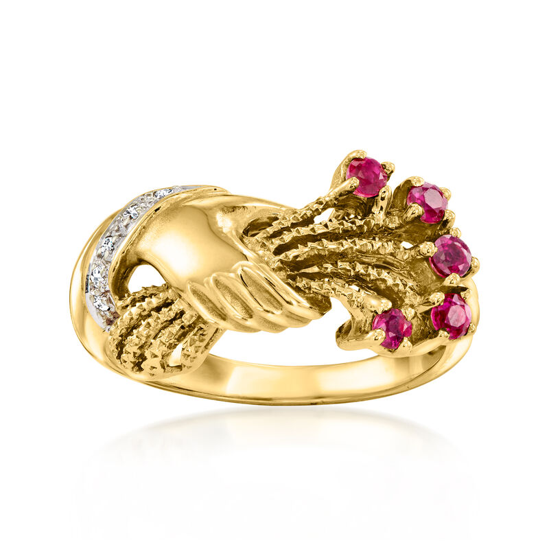 C. 1980 Vintage .25 ct. t.w. Ruby Flowers in Hand Ring with Diamonds in 14kt Yellow Gold. Size 7 image number 0