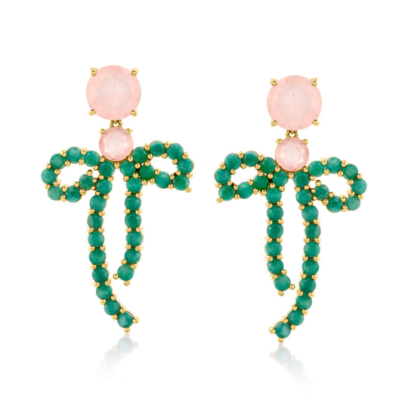 7.50 ct. t.w. Rose Quartz and 7.00 ct. t.w. Emerald Bow Drop Earrings ...