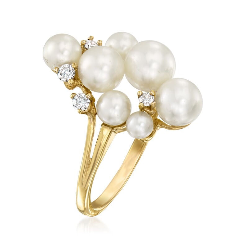 C. 2000 Vintage 3-6mm Cultured Pearl and .10 ct. t.w. Diamond Cluster Ring in 10kt Yellow Gold. Size 7 image number 2