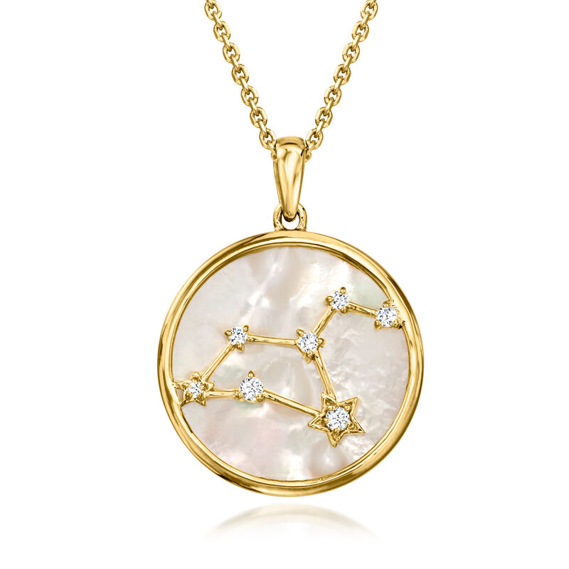 Leo - Mother-of-Pearl Zodiac Constellation Pendant Necklace with White Topaz in 18kt Gold Over Sterling. 18" image number 0