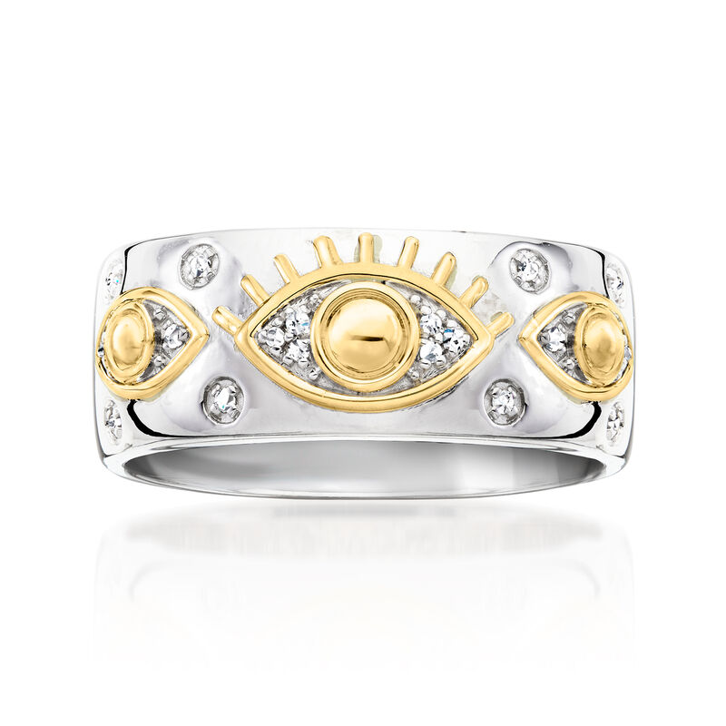Sterling Silver and 18kt Gold Over Sterling Evil Eye Ring with Diamonds image number 0