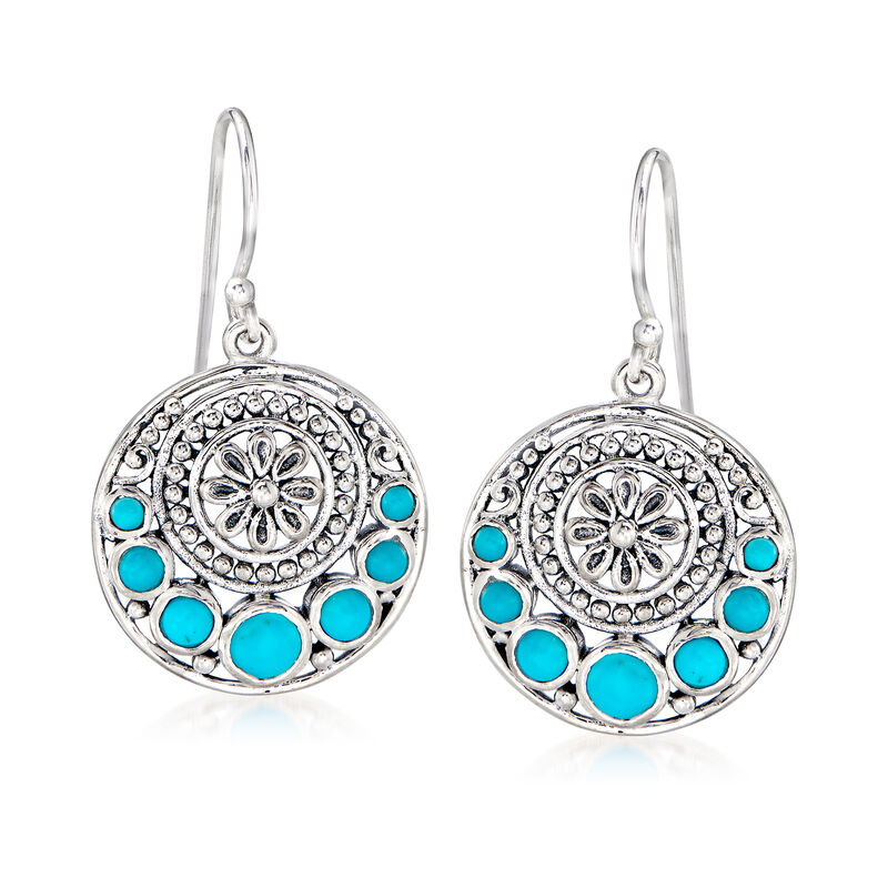 Turquoise Flower Circle Drop Earrings in Sterling Silver image number 0