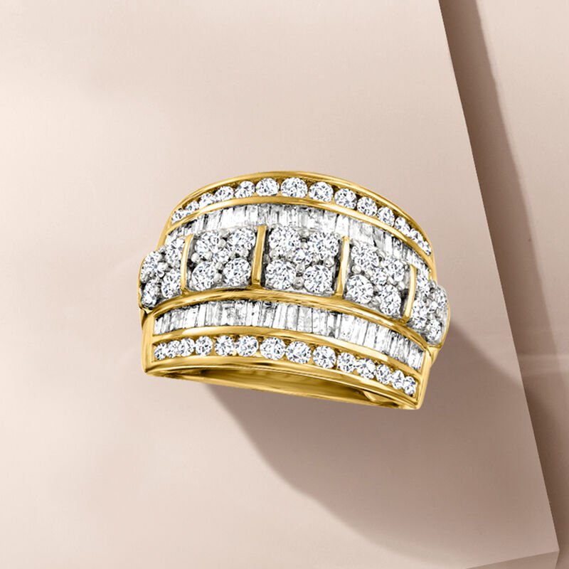2.00 ct. t.w. Round and Baguette Diamond Multi-Row Ring in 14kt Yellow Gold image number 4
