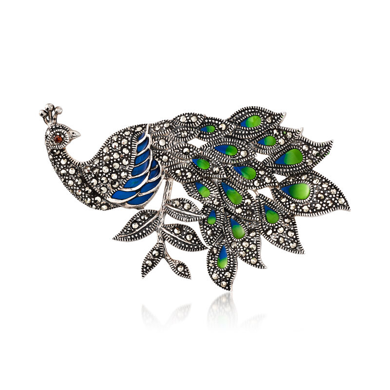 Blue and Green Enamel and Marcasite Peacock Pin with Garnet Accent in Sterling Silver image number 0