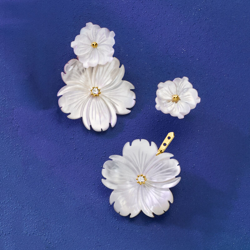 Mother-of-Pearl and .20 ct. t.w. White Topaz Flower Removable Drop Earrings with 18kt Gold Over Sterling image number 5