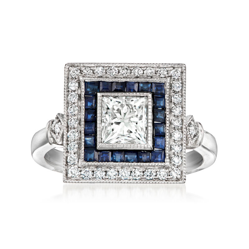 C. 2020 Vintage .93 ct. t.w. Diamond and .59 ct. t.w. Sapphire Square Ring in Platinum. Size 6 image number 0