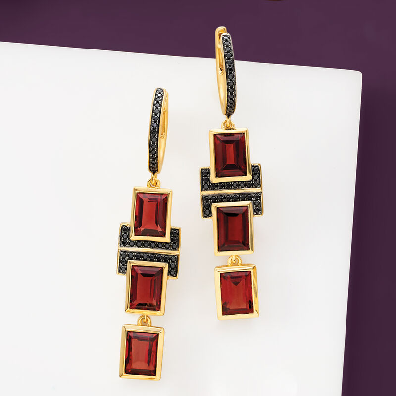 6.50 ct. t.w. Garnet and .20 ct. t.w. Black Spinel Drop Earrings in 18kt Gold Over Sterling  image number 4