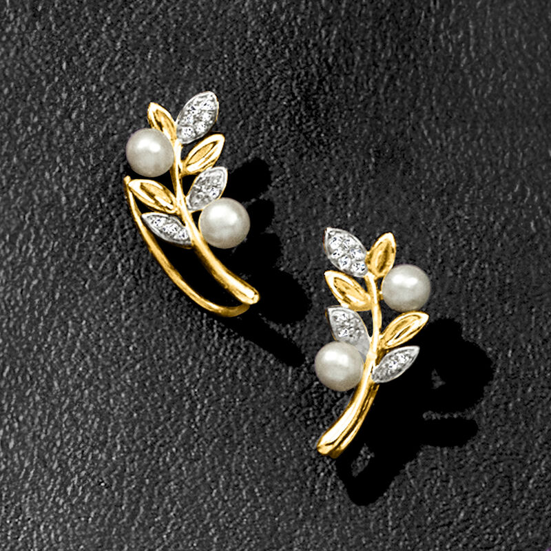3.5-4mm Cultured Pearl Leaf Ear Climbers with Diamonds in 14kt Yellow Gold  image number 2